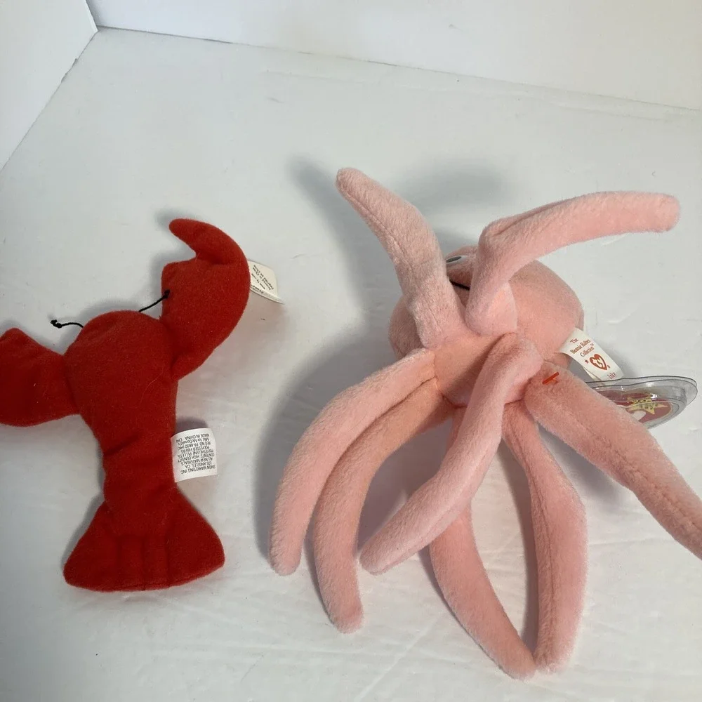 Ty‎ Beanie Babies Inky Octopus & Teenie Pinchers Lobster Pink Red Plush Set of 2